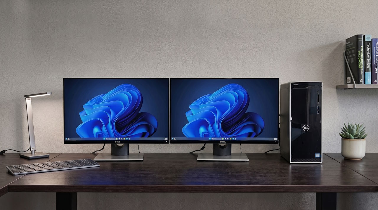 Dual Bundle Pro — two desktops plus three monitors